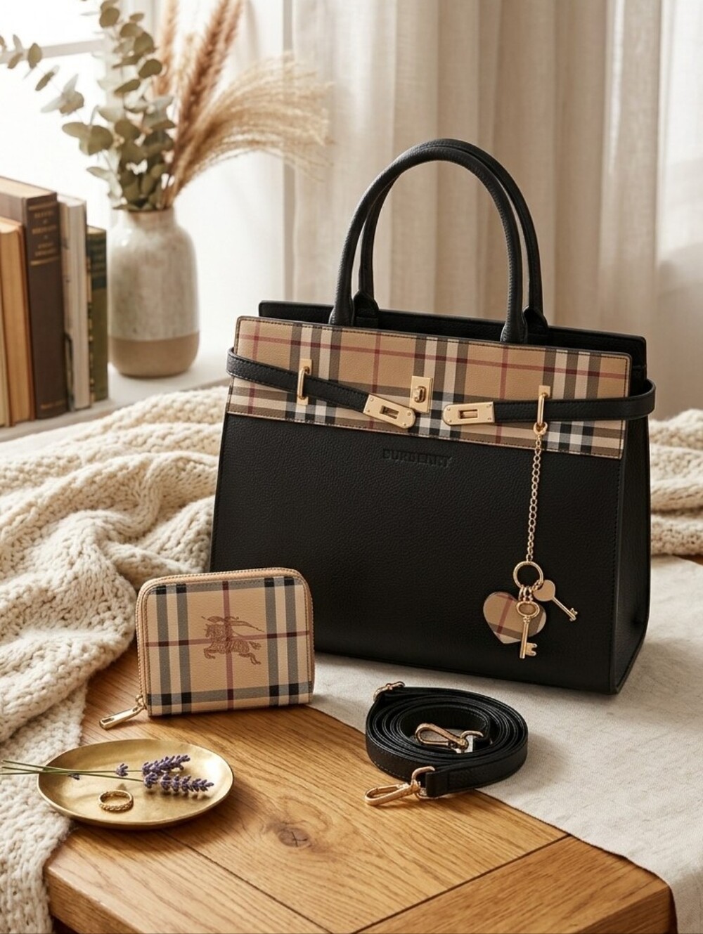 Beautiful Black Leather Bag And Wallet Set With Plaid Classic Pattern Trim